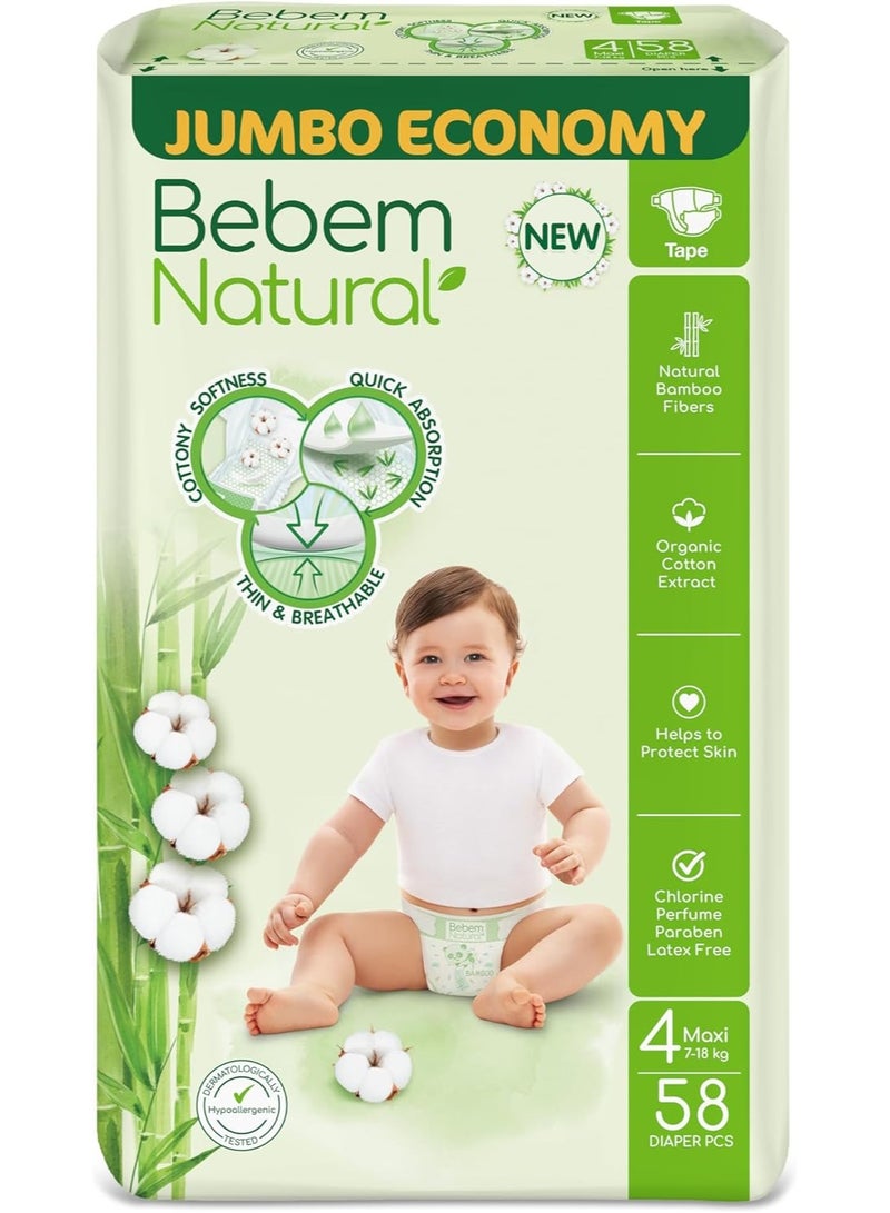 Bebem Natural Baby Diapers - Jumbo Economy Pack - Size 4 Maxi (Cotton Softness, Bamboo Absorption… 100% Natural Protection) - Image 1